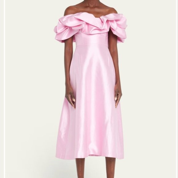 MARKARIAN Off-the-Shoulder Ruffle-Trim Silk Midi Dress-- Bergdorf Exclusive - Picture 1 of 6